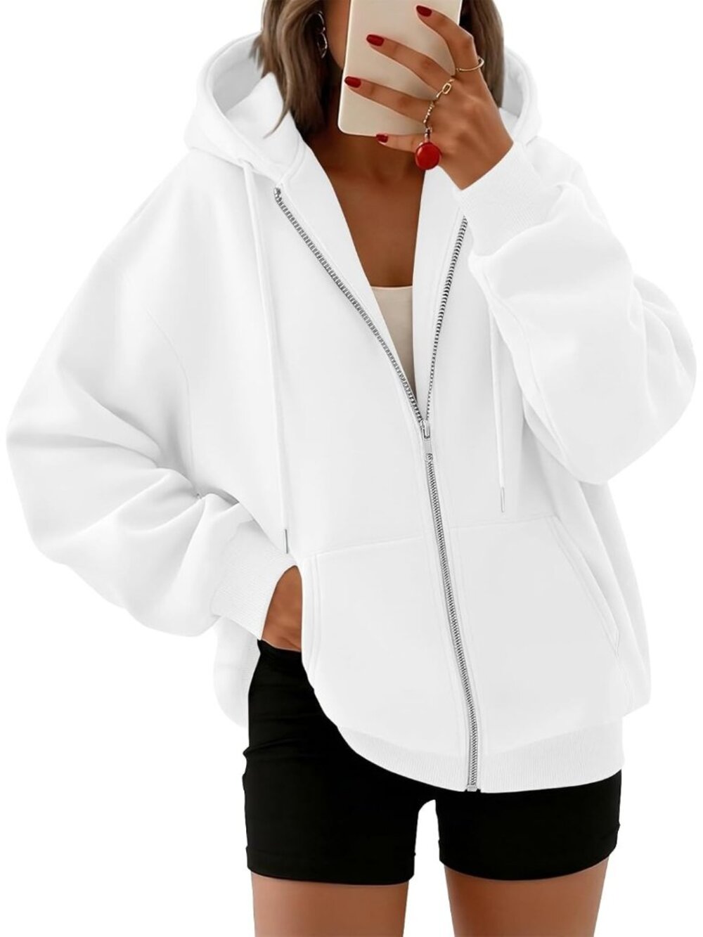 〽️Women's White Oversized Zip Up Hooded Neck Cute Lightweight Winter Sweatshirt